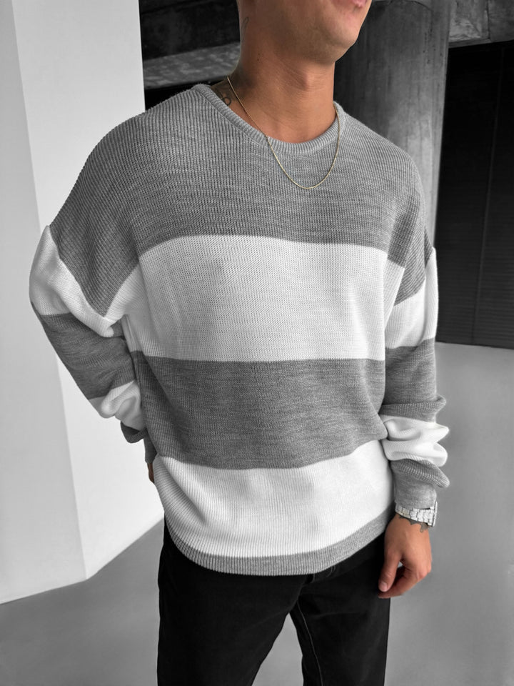 Loose Fit Strip Knit Sweater - Grey