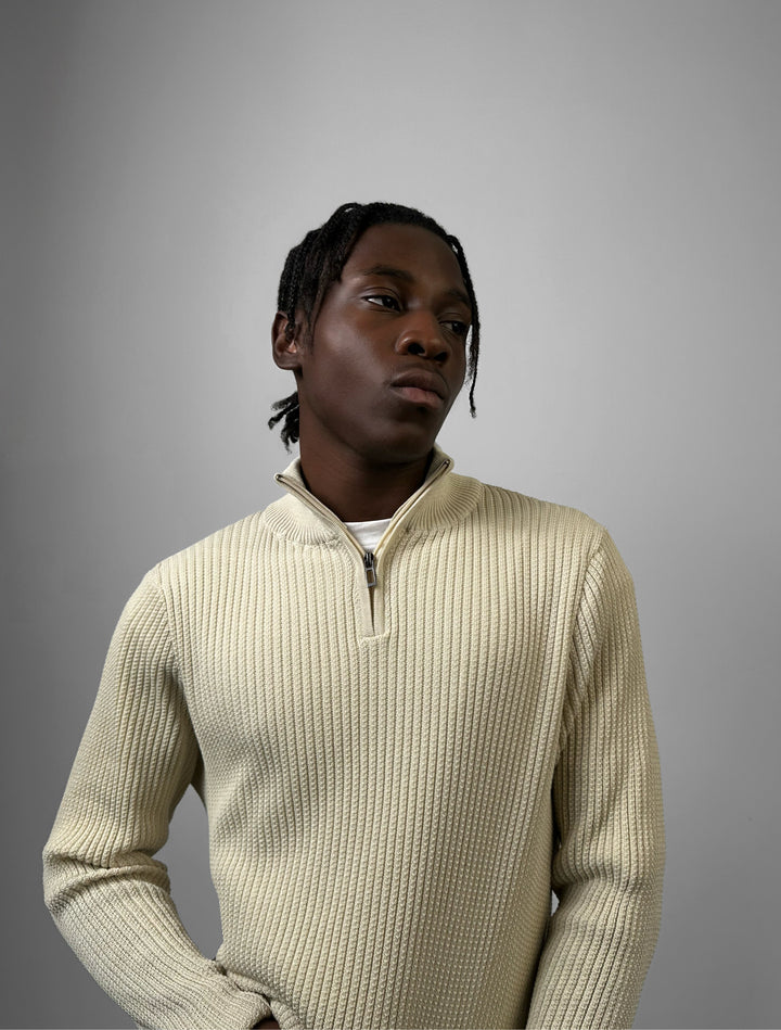 Slim Fit Half Zip Textured Sweater - Beige