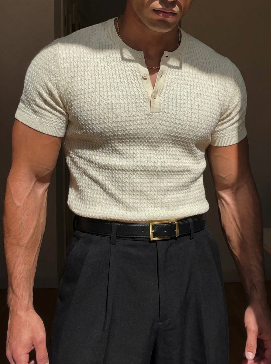 Regular Fit Waffle Button T-shirt - Beige