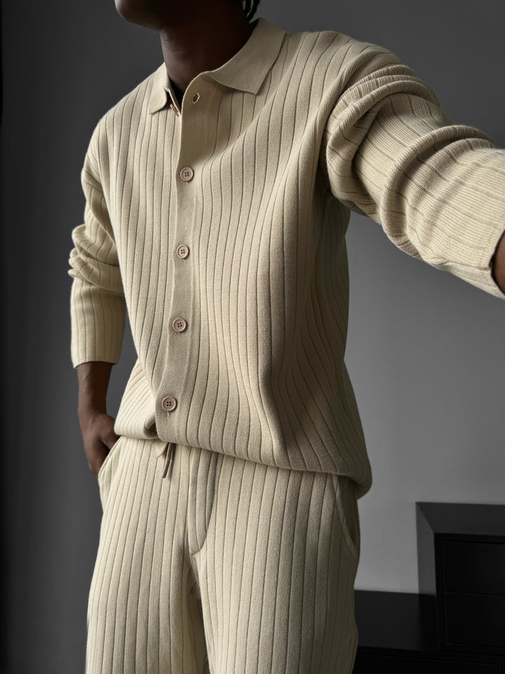 Oversize Wide Ribbed Long Arm Knit Shirt - Stone