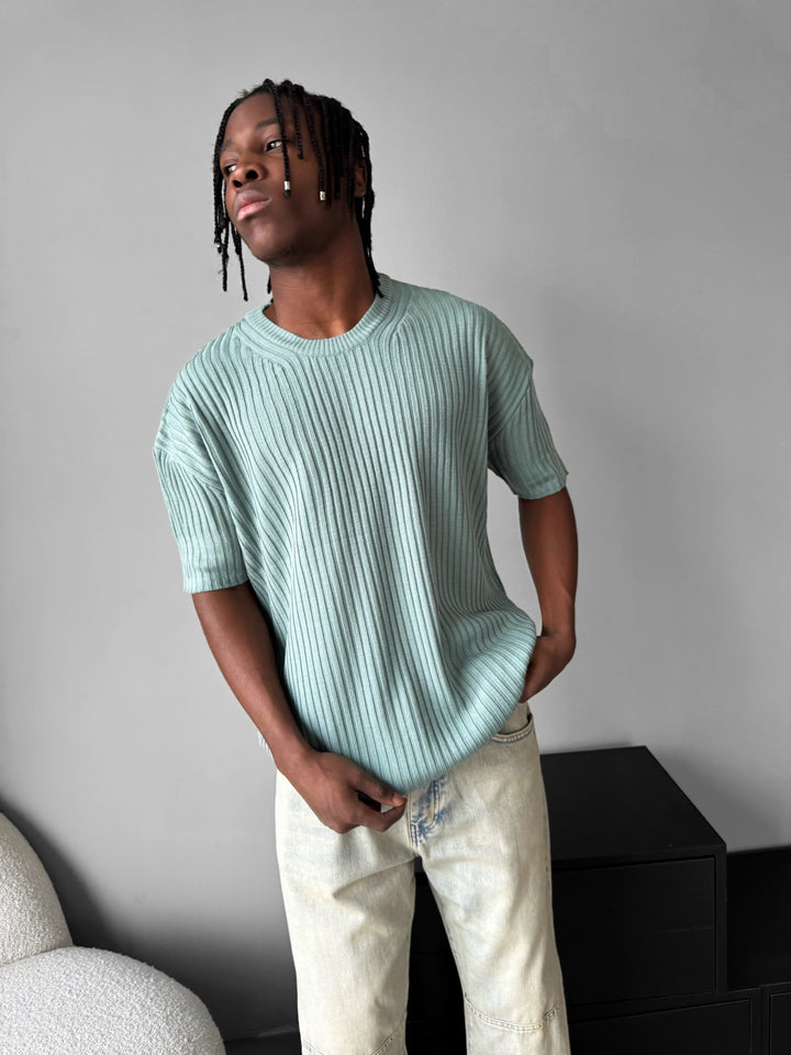 Loose Fit Ribbed Knit T-Shirt - Mint