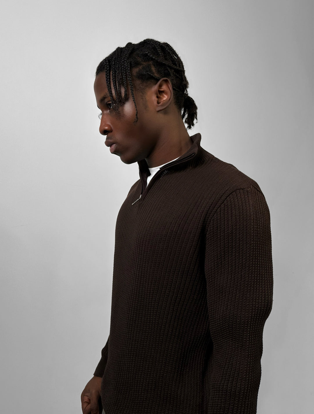 Slim Fit Half Zip Textured Sweater - Dark Brown