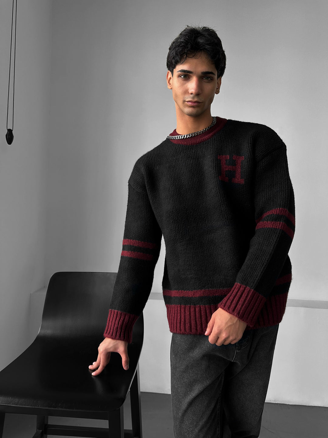 Oversize Knit Letter Sweater - Bordeaux