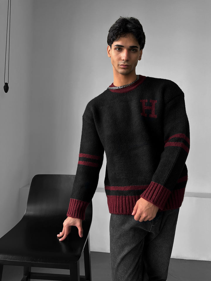Oversize Knit Letter Sweater - Bordeaux
