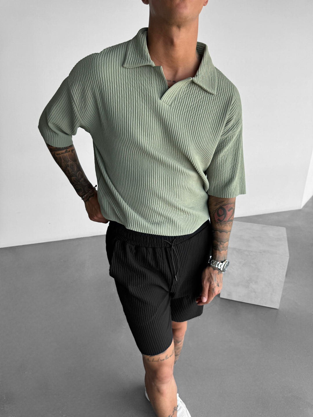 Oversize Ribbed Polo T-Shirt - Green