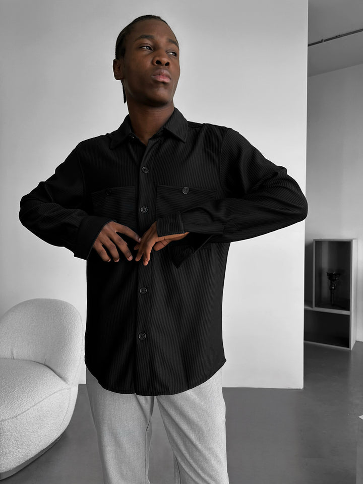 Loose Fit Double Pocket Shirt - Black