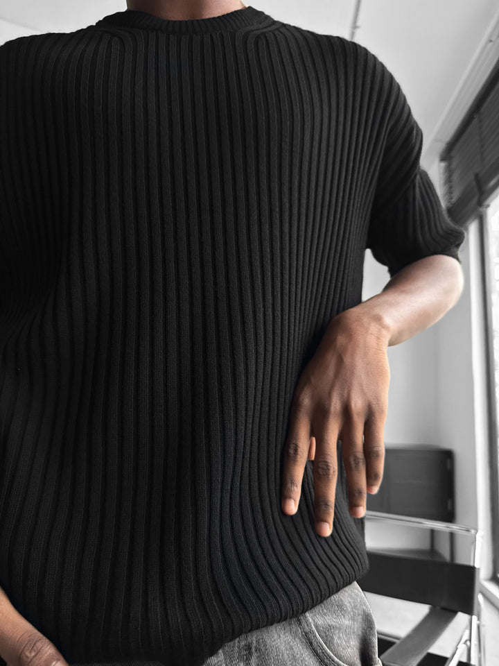 Loose Fit Ribbed Knit T-Shirt - Black