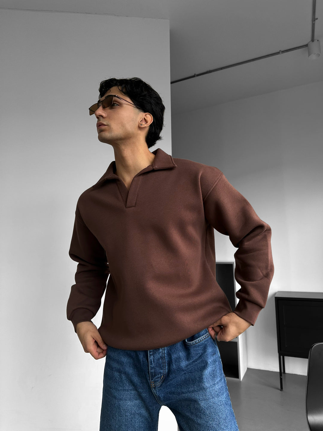 Oversize Basic Polo Sweatshirt - Chocolate Brown