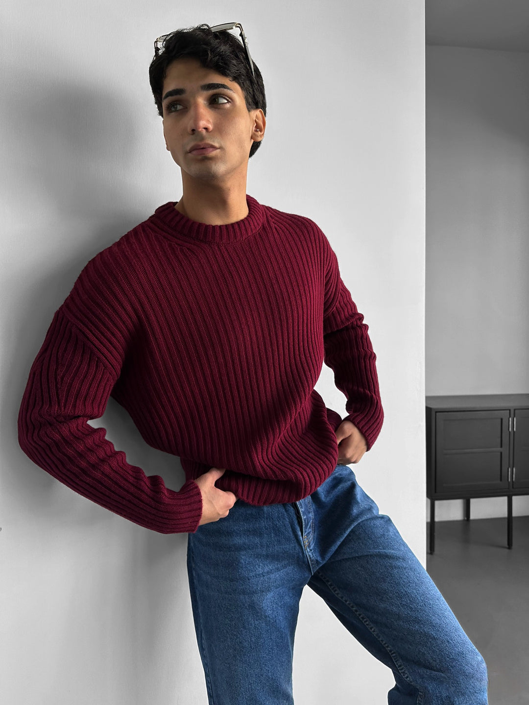 Loose Fit Striped Structure Pullover - Bordeaux