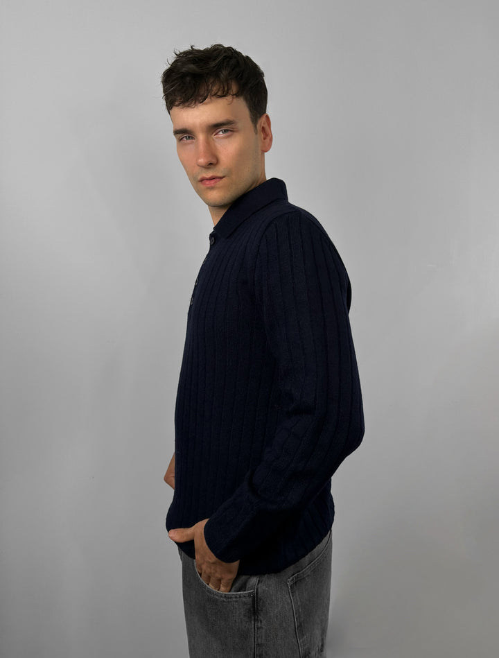 Loose Fit Polo Knit Pullover - Navy Blue
