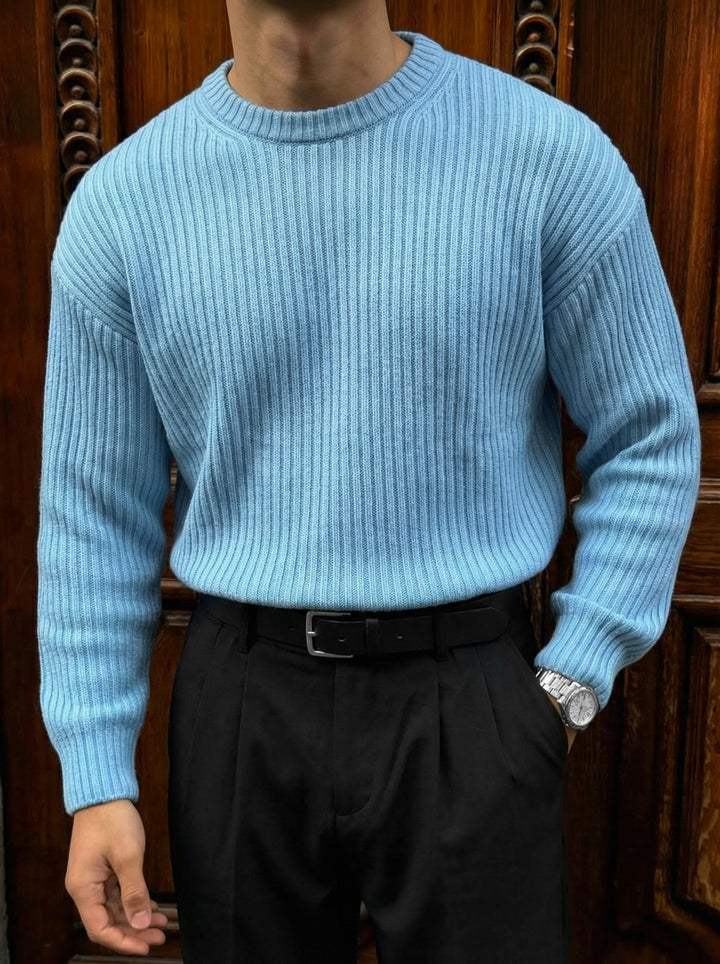 Loose Fit Striped Structure Pullover - Babyblue