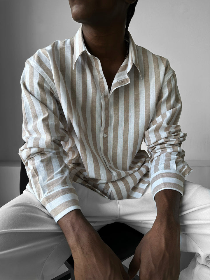 Oversize Cotton Striped Shirt - Camel