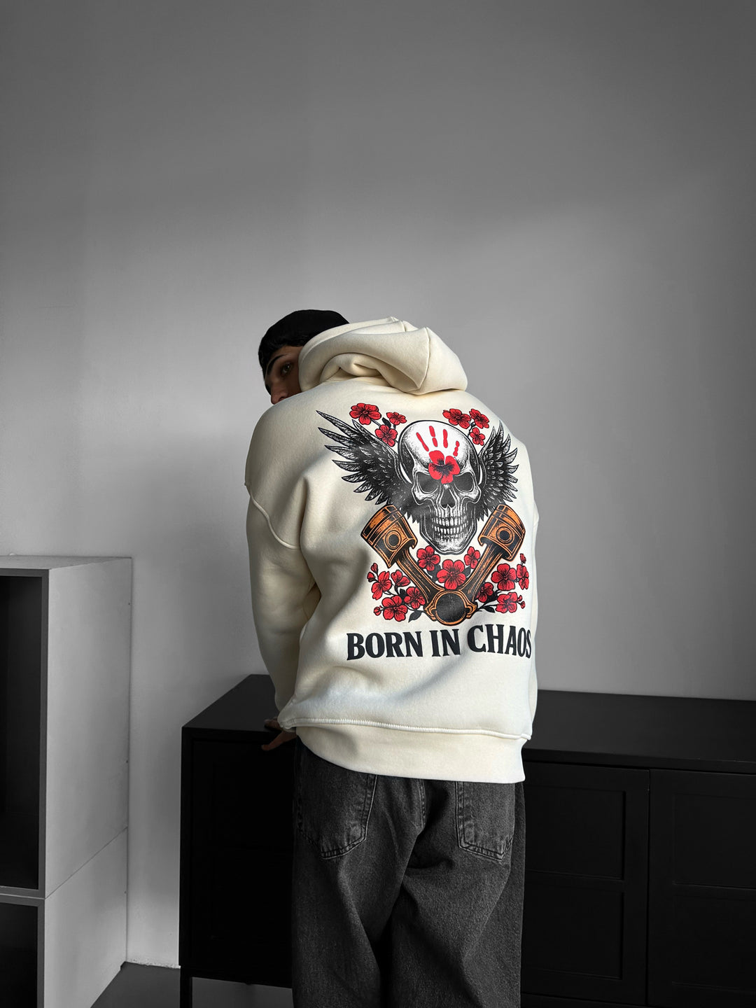 Oversize Skeleton Born in Chaos Hoodie - Antique White