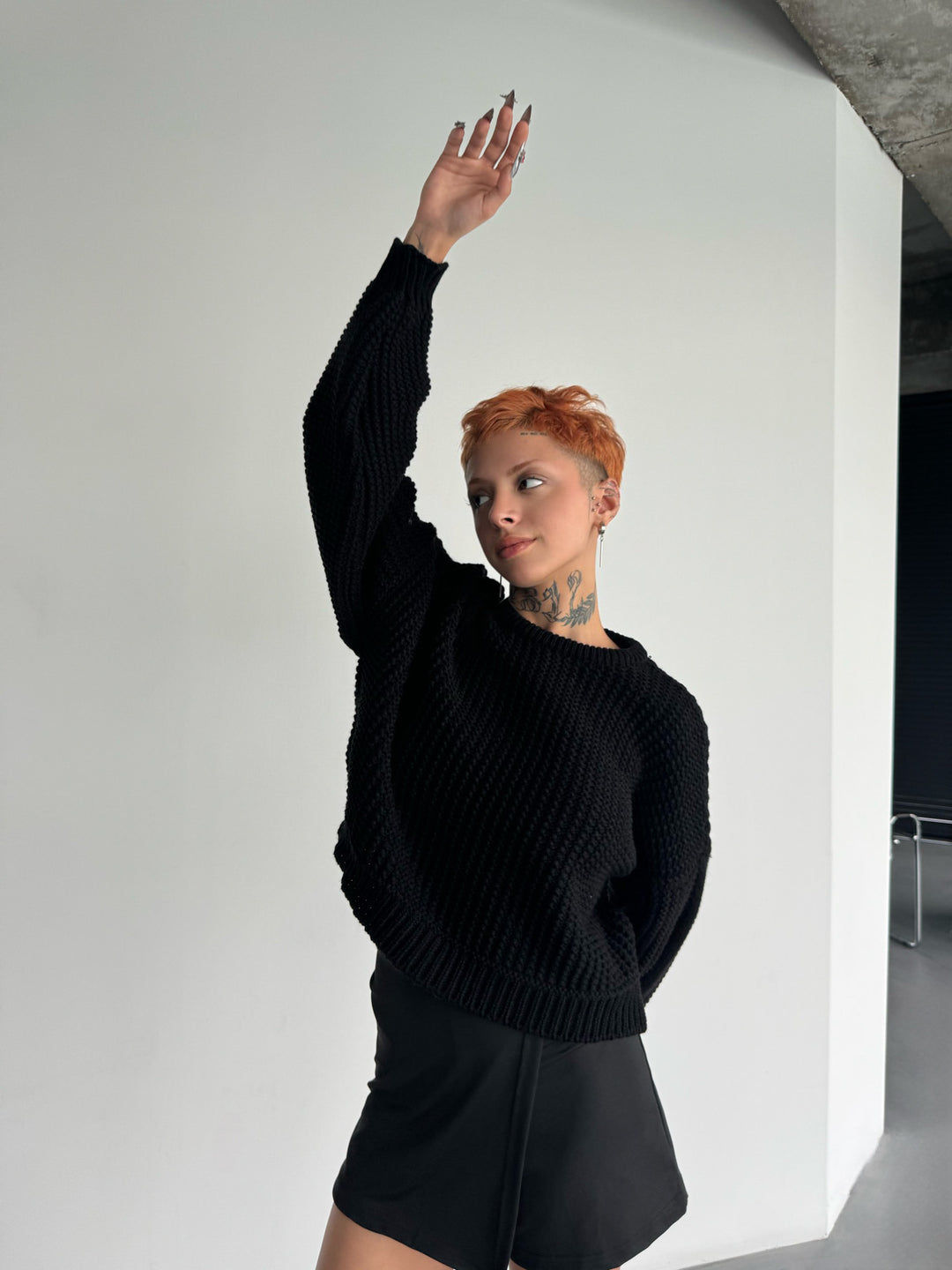 Oversize Puffer Arms Knit Sweater - Black