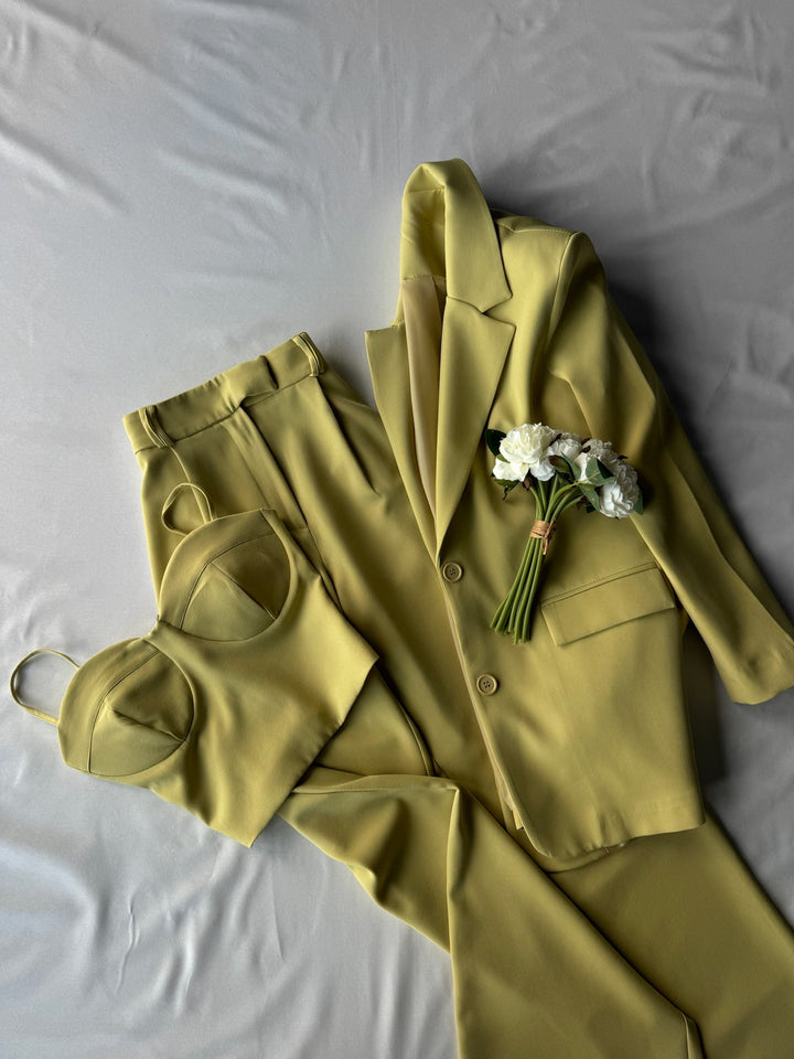 Heart Neck Top with Blazer - Pistachio