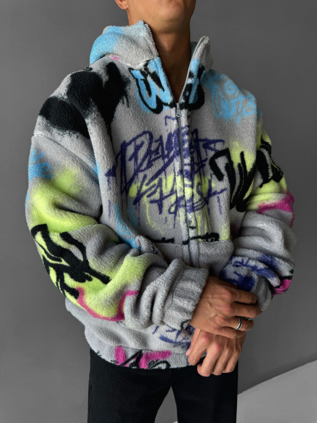 Oversize Graffity Plush Zipper Hoodie - Grey