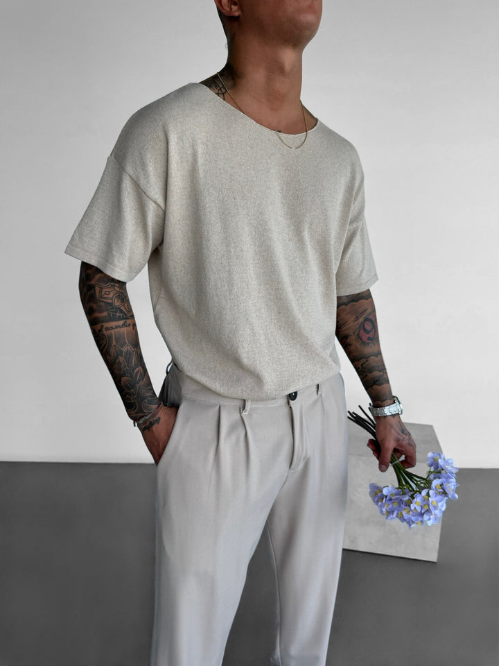 Oversize Thin Knit T-shirt - Beige