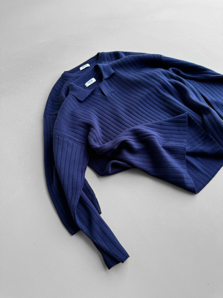 Oversize Wide Ribbed Long Arm Knit Polo Sweatshirt - Navy Blue