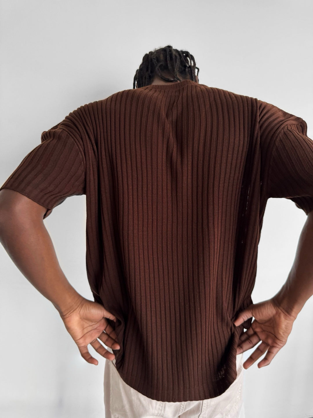 Loose Fit Ribbed Knit T-Shirt - Dark Brown