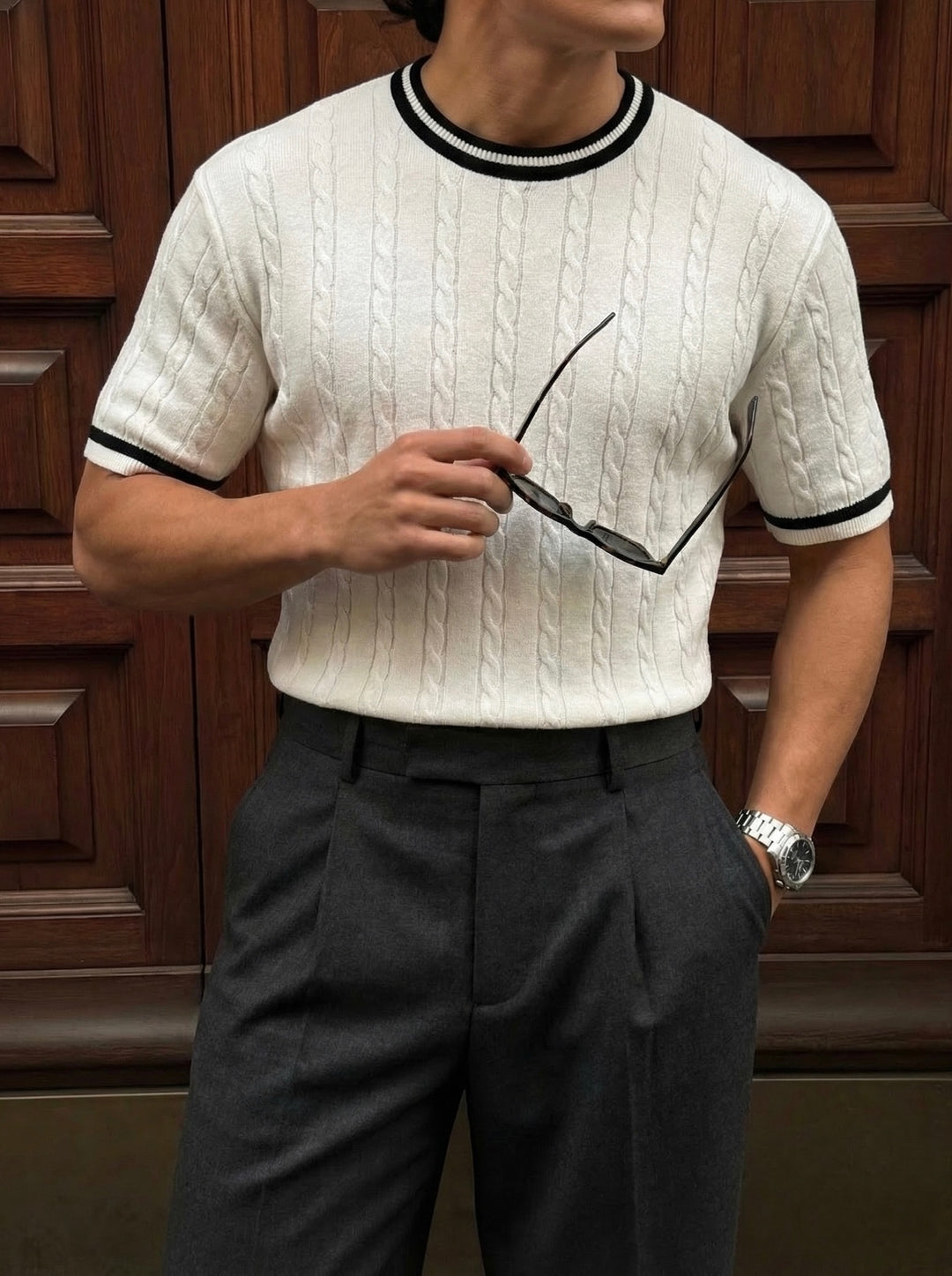 Regular Fit Braid Knit T-shirt - Ecru