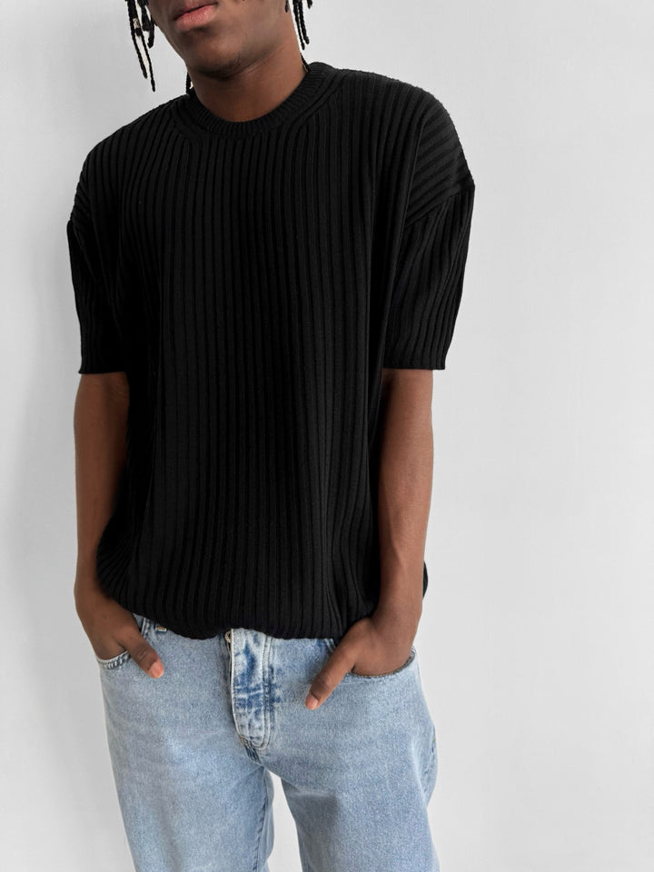 Loose Fit Ribbed Knit T-Shirt - Black