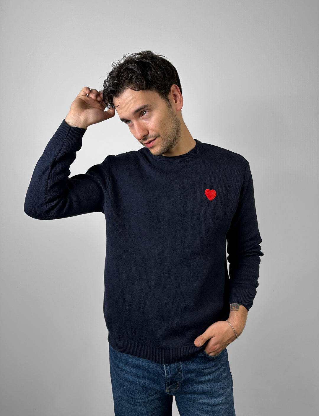 Regular Fit Heart Detail Thin Sweater - Navy Blue