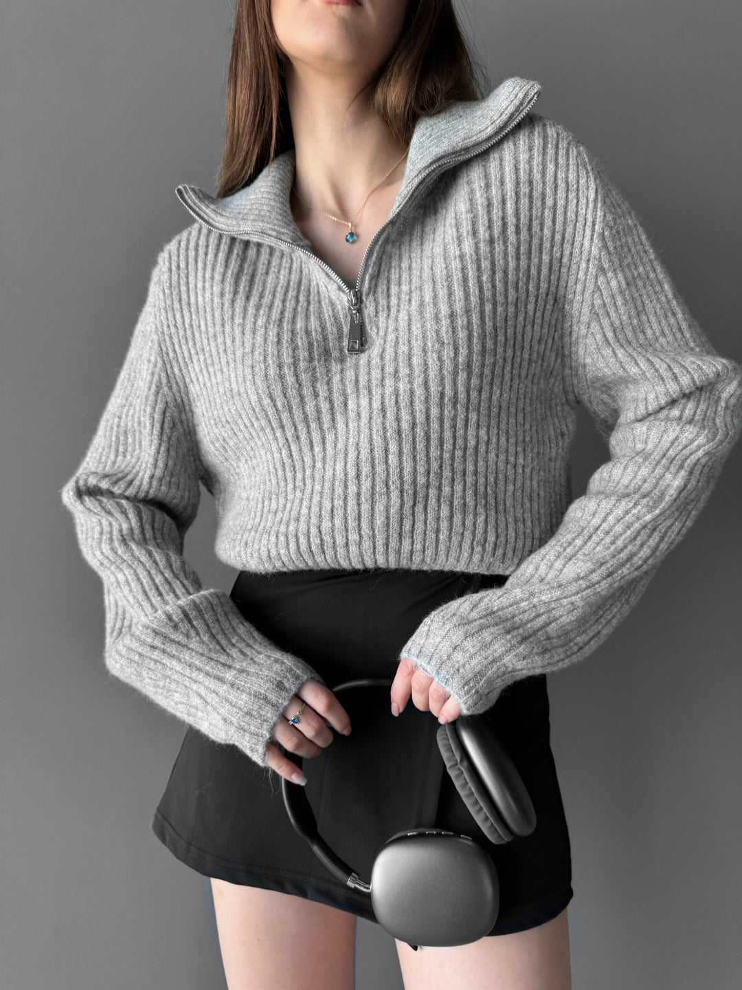 Knit Zipper Pullover - Grey