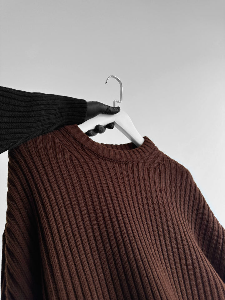 Loose Fit Striped Structure Pullover - Dark Brown