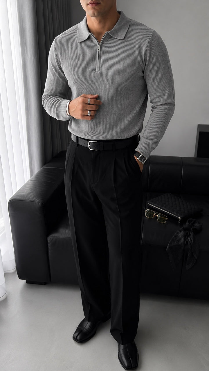 Loose Fit Polo Knit Sweater - Grey