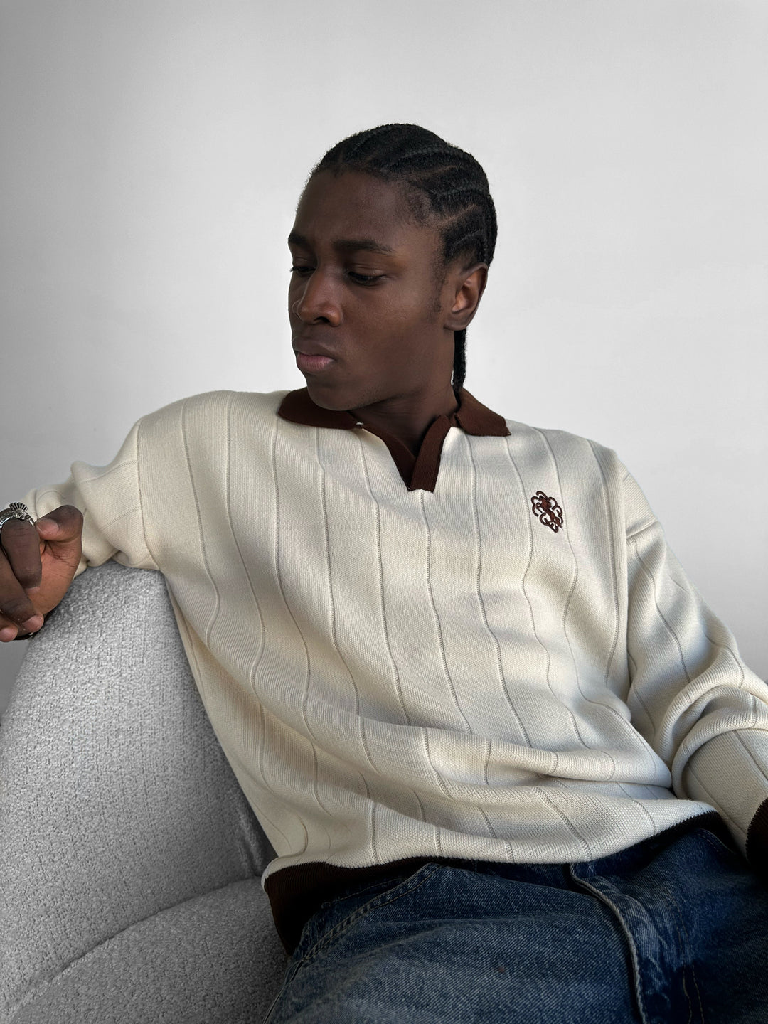 Oversized Embroidered Polo Sweater - Cremé