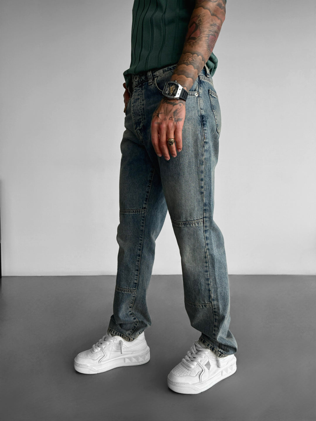 Baggy Washed Jeans with Details - Blue