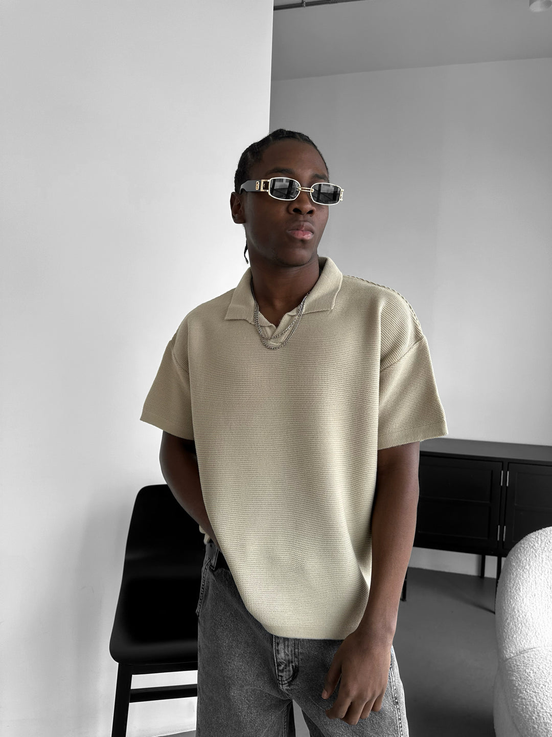 Oversize Collar Ribbed Knit T-Shirt - Stone