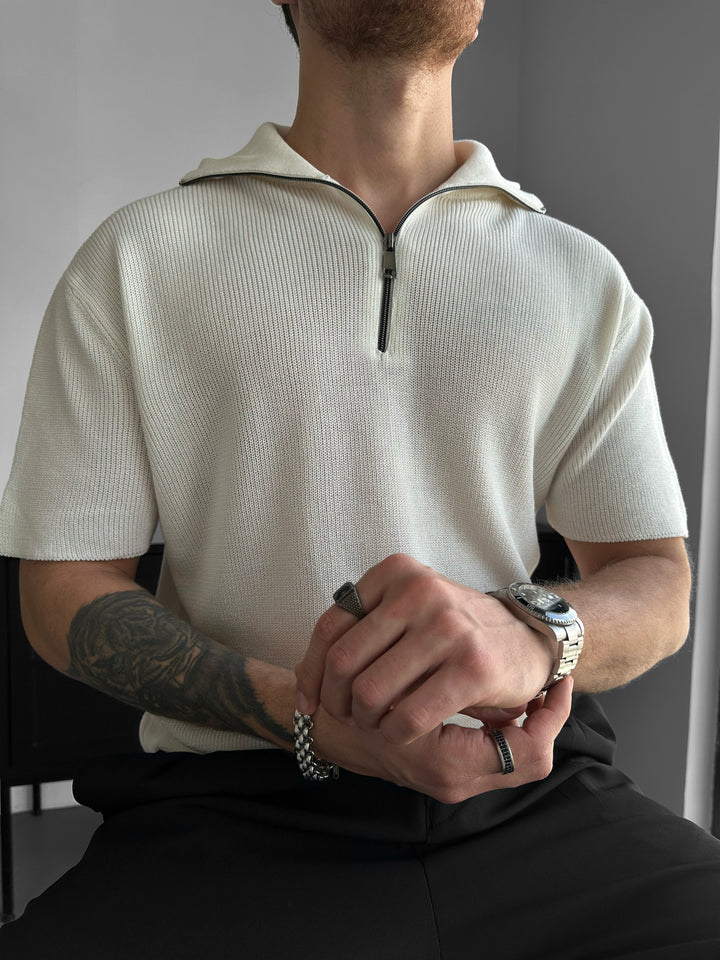 Oversize Zip Neck Knit T-shirt - Ecru