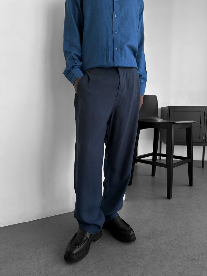 Loose Fit Cotton Trousers - Navy Blue