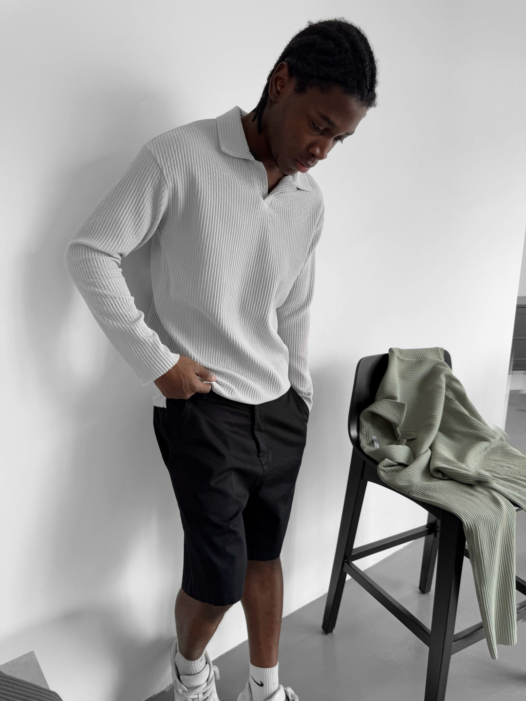 Oversize Ribbed Long Arm Polo T-shirt - Grey