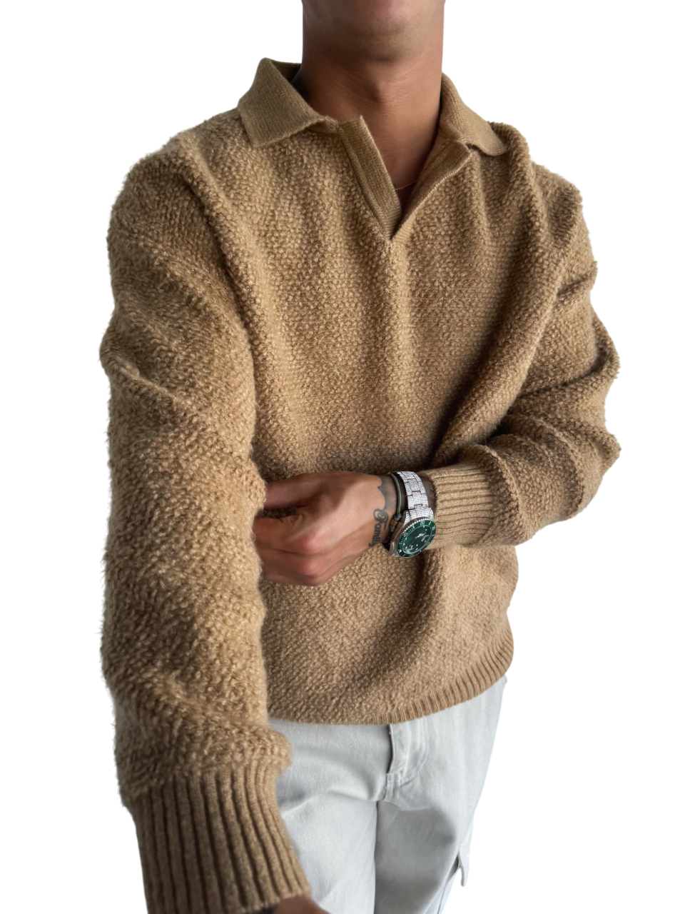 Knit Collar Brushed Pullover - Camel