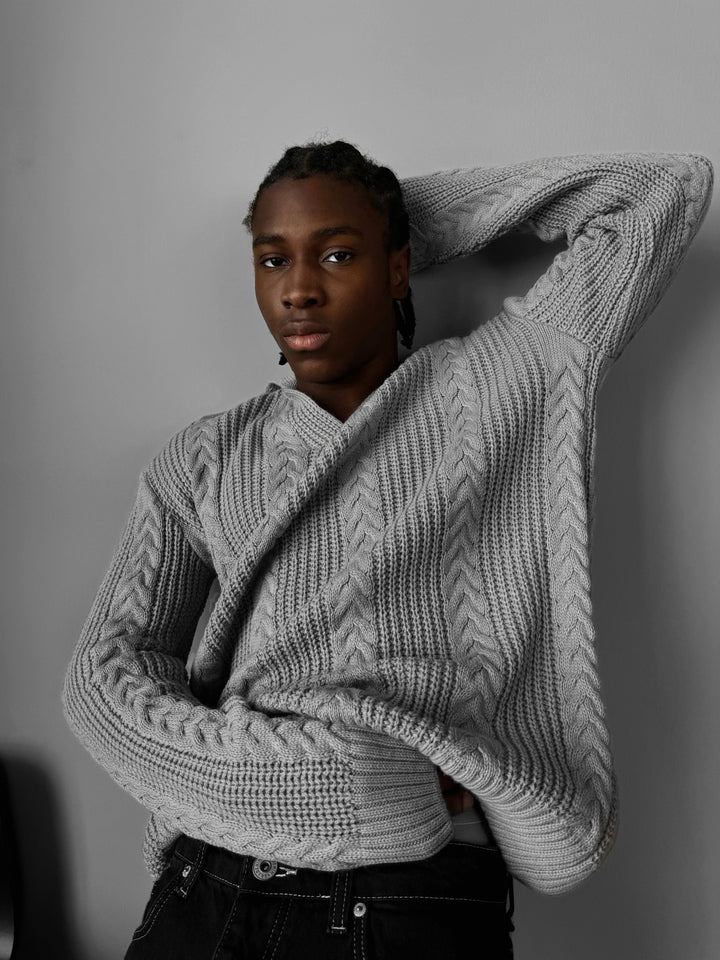 Oversize Braided Structure Polo Sweater - Grey