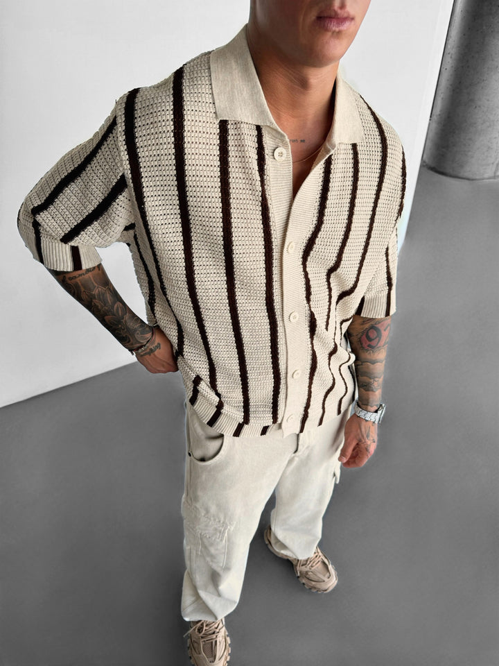 Oversize Knit Lines Shirt - Creme and Brown