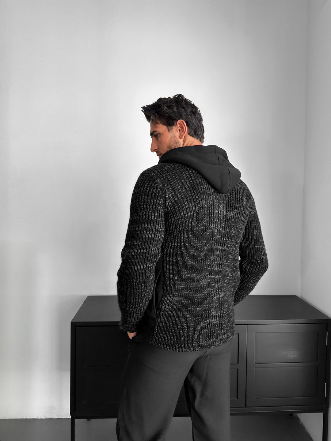Regular Fit Knit Detail Zip Hoodie - Black