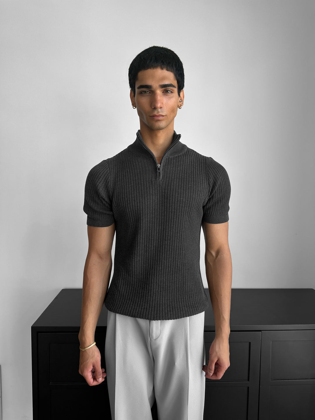 Slim Fit Mock Neck Zip T-shirt - Anthracite