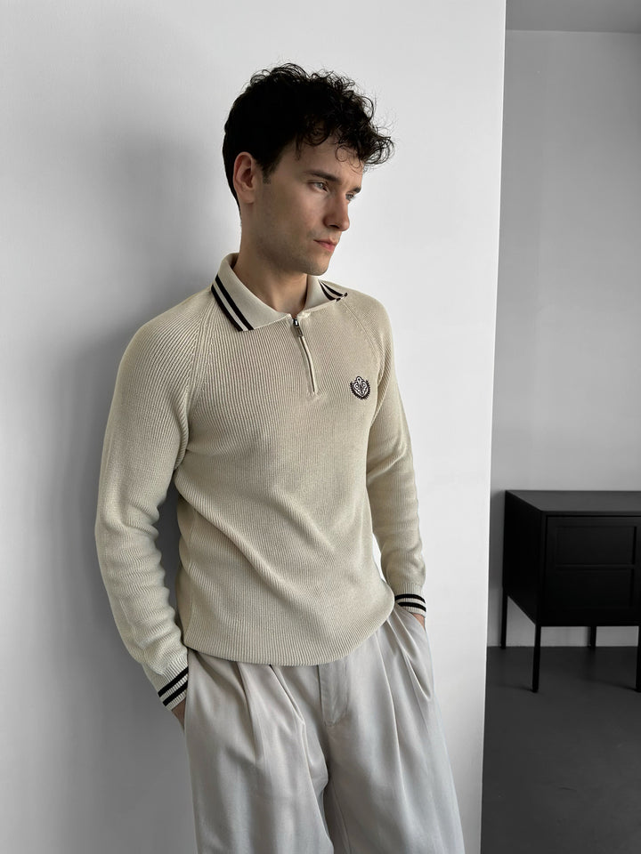 Slim Fit Half-Zip Embroidered Polo Sweater - Beige