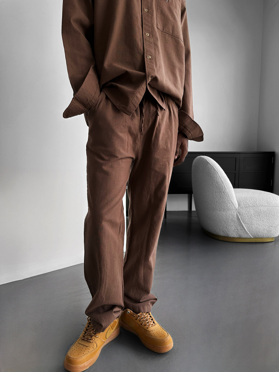 Oversize Linen Suit Pants - Brown