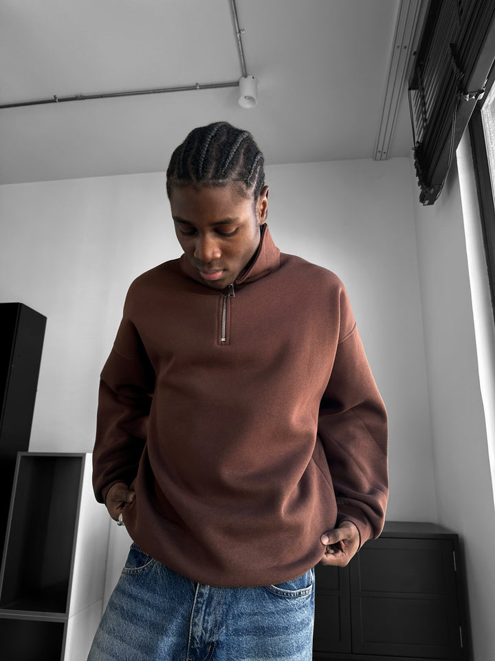 Oversize Half-Zip Polo Sweatshirt - Chocolate Brown