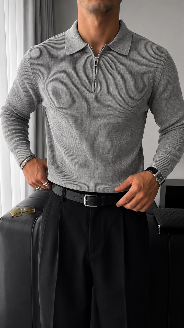 Loose Fit Polo Knit Sweater - Grey