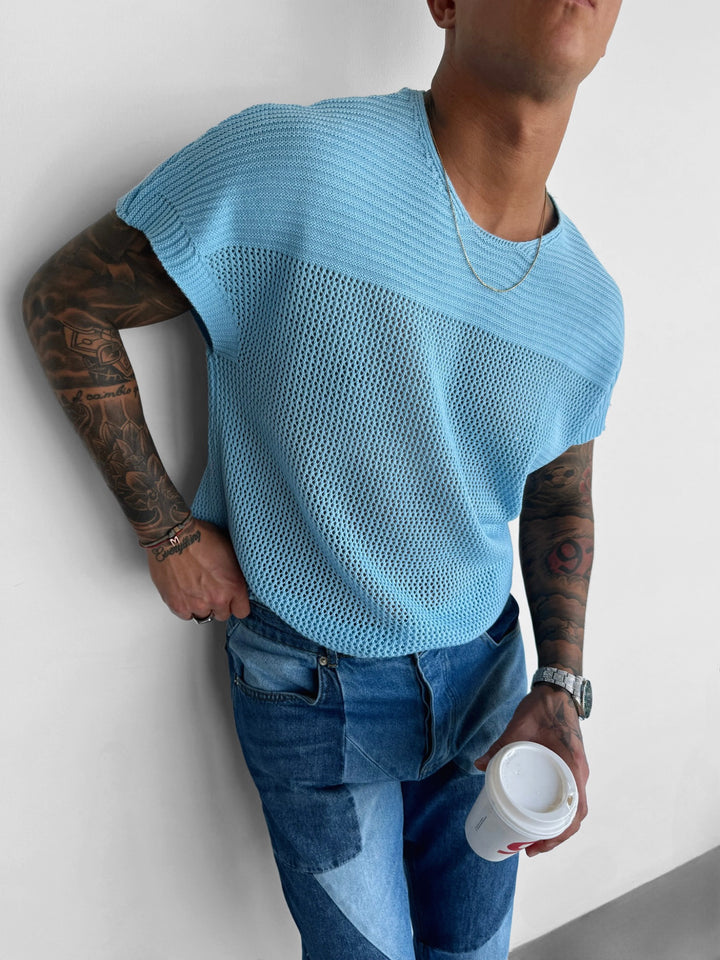 Oversize Textured Knit T-shirt - Babyblue