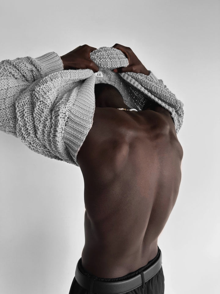 Oversize Grid Knit Sweater - Grey