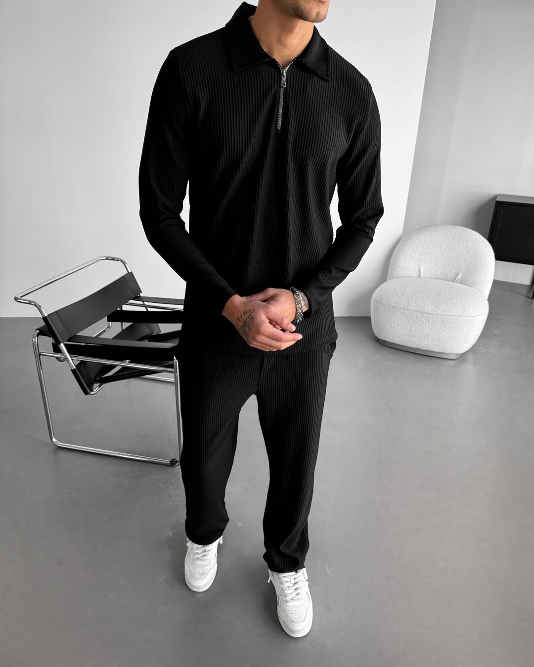 Loose Fit Striped Trousers - Black