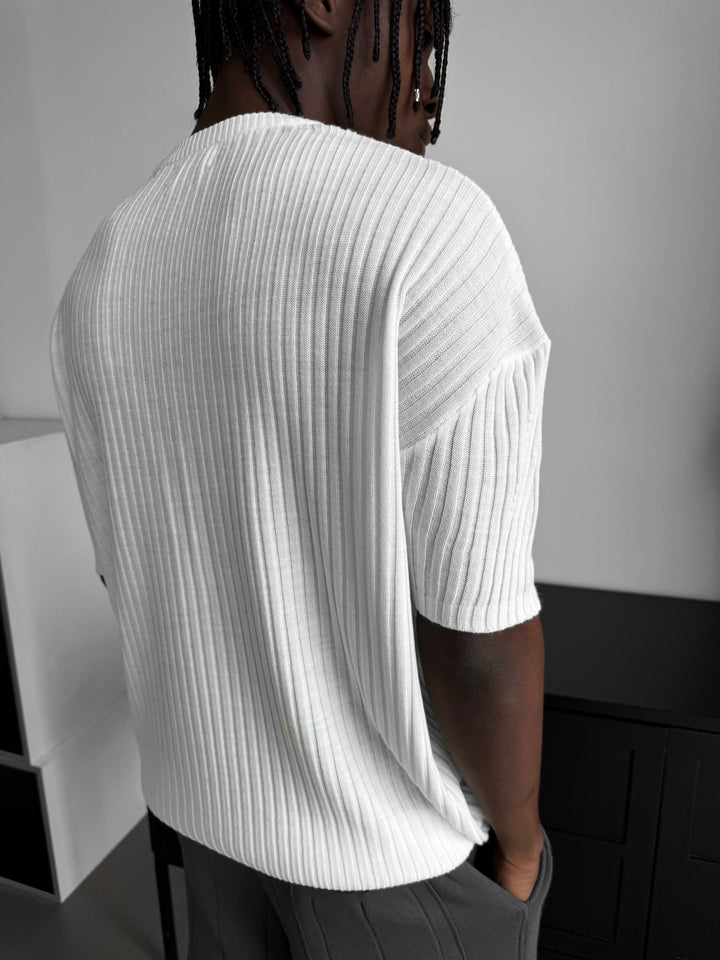 Loose Fit Ribbed Knit T-Shirt - Ecru