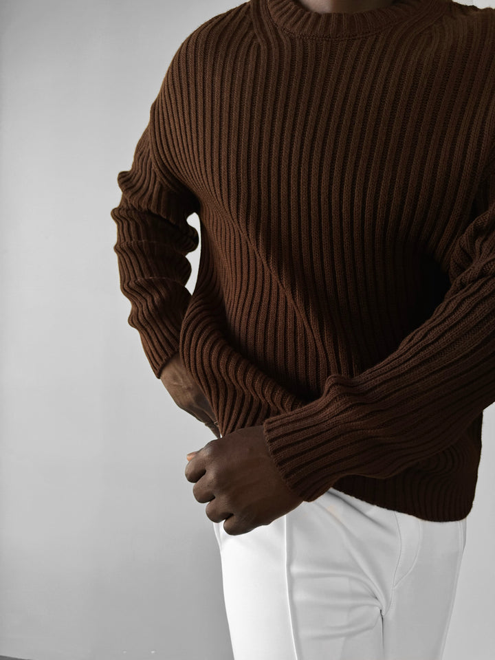 Loose Fit Striped Structure Pullover - Dark Brown