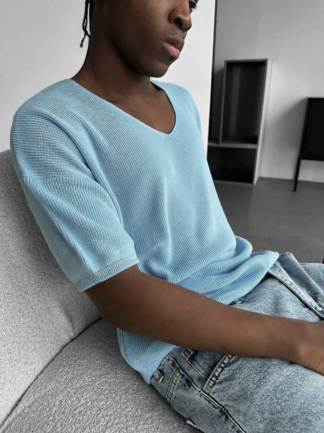 Oversize Long Knit T-Shirt - Babyblue